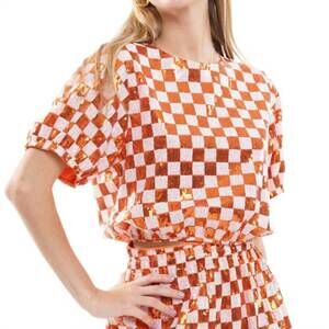 NEW MOSHITA checkmate sparkle gameday top in orange/white